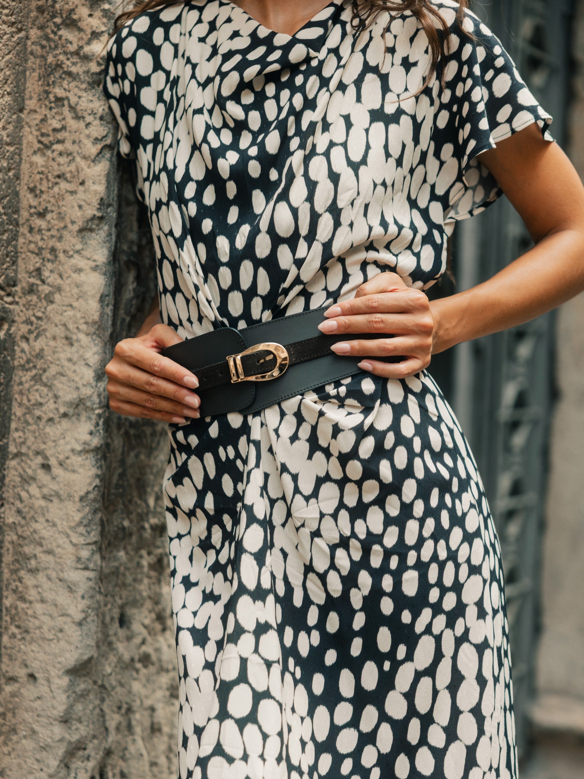 White and black polka dot draped midi dress