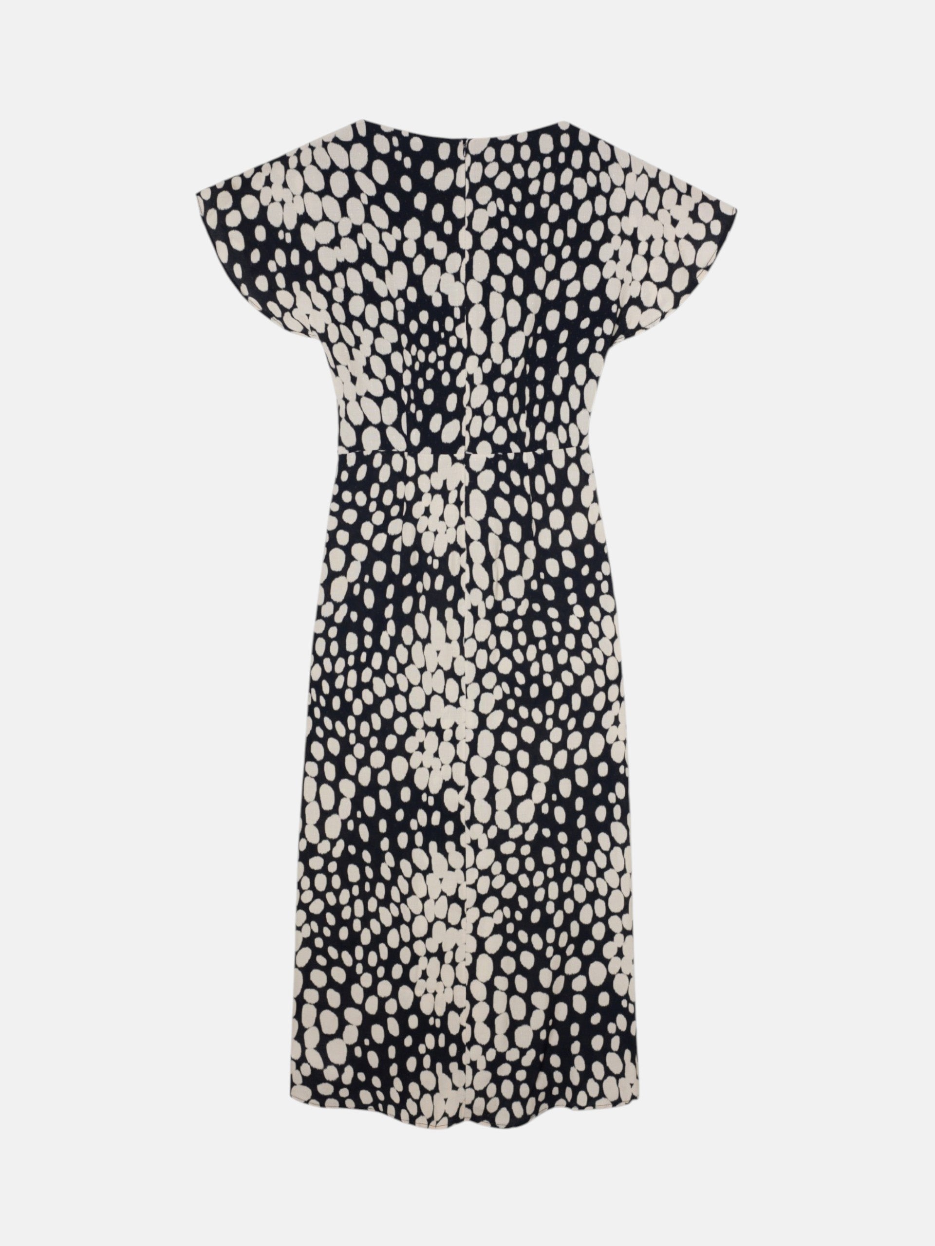 White and black polka dot draped midi dress