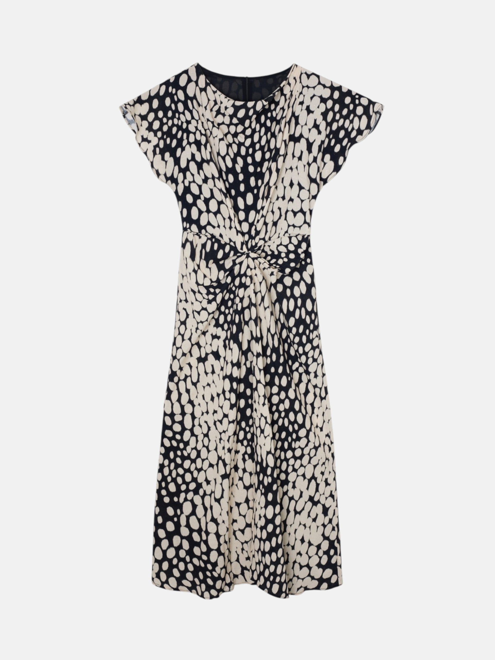 White and black polka dot draped midi dress