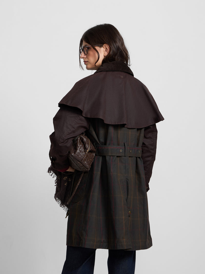 Parka encerada cuello pana cuadros granate