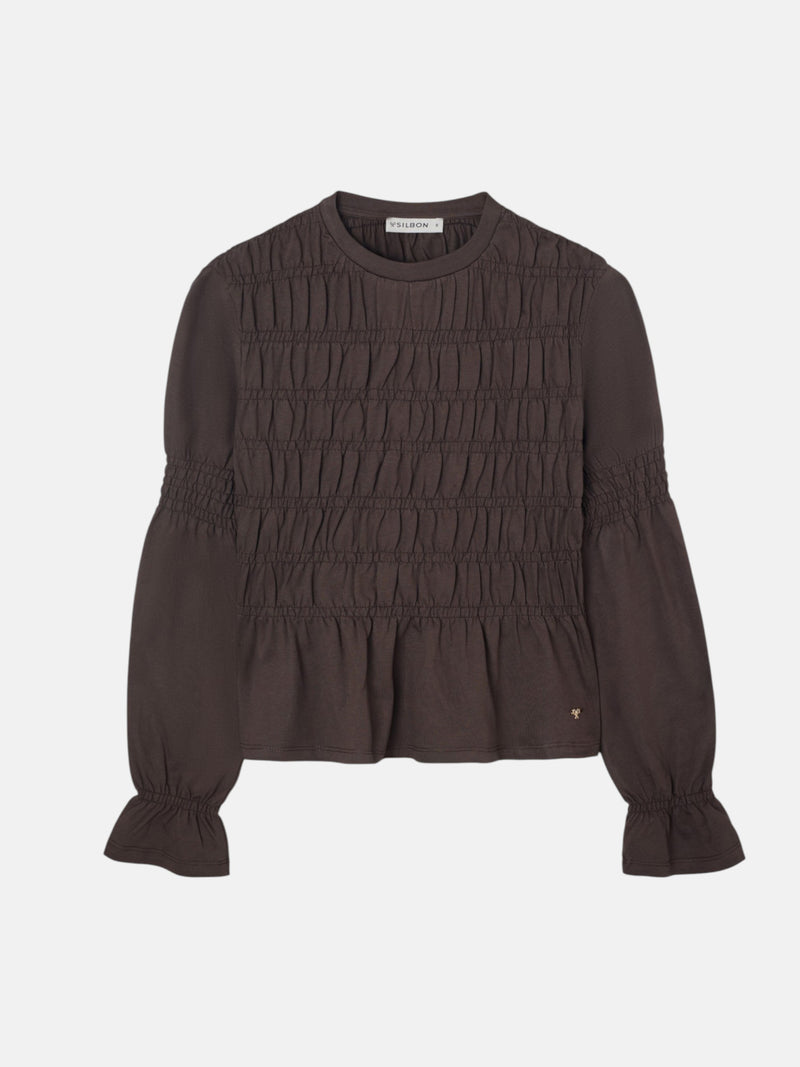 Camisola mulher manga comprida malha smock castanha