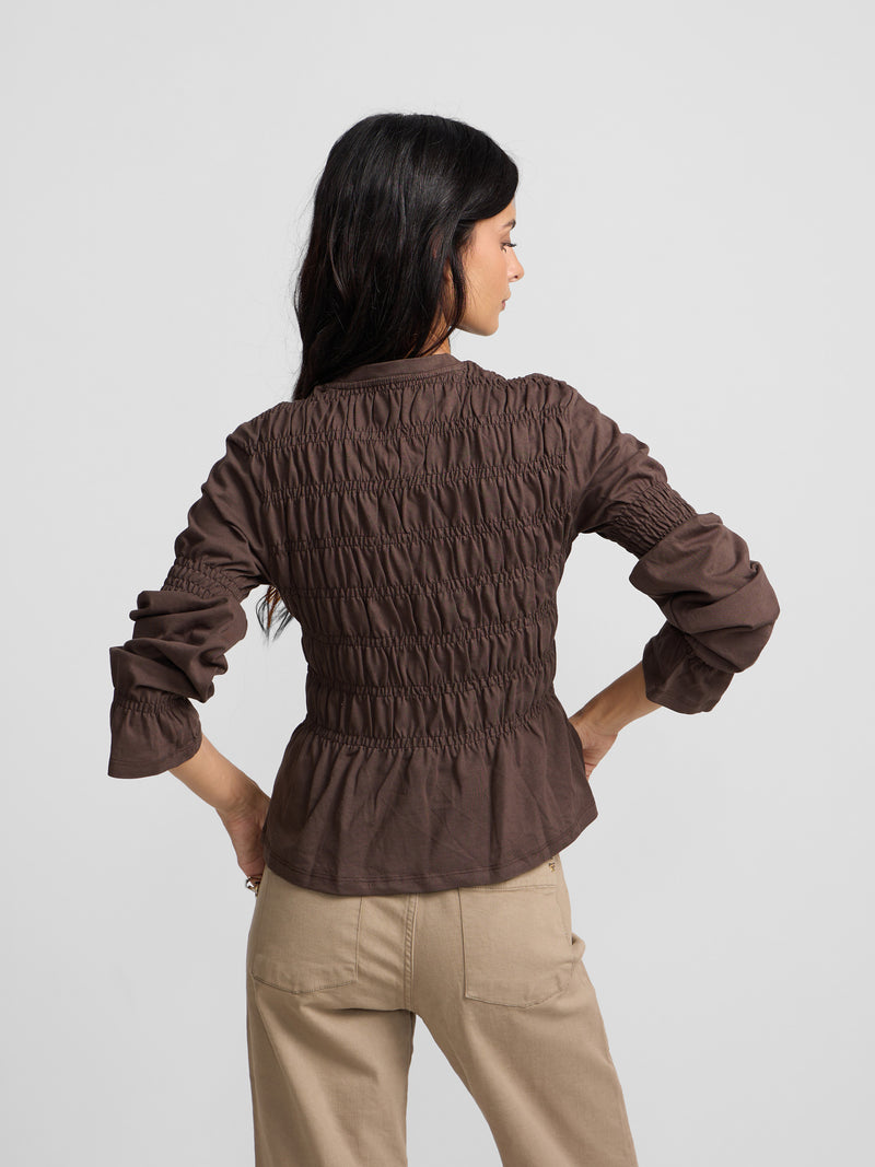 Camisola mulher manga comprida malha smock castanha
