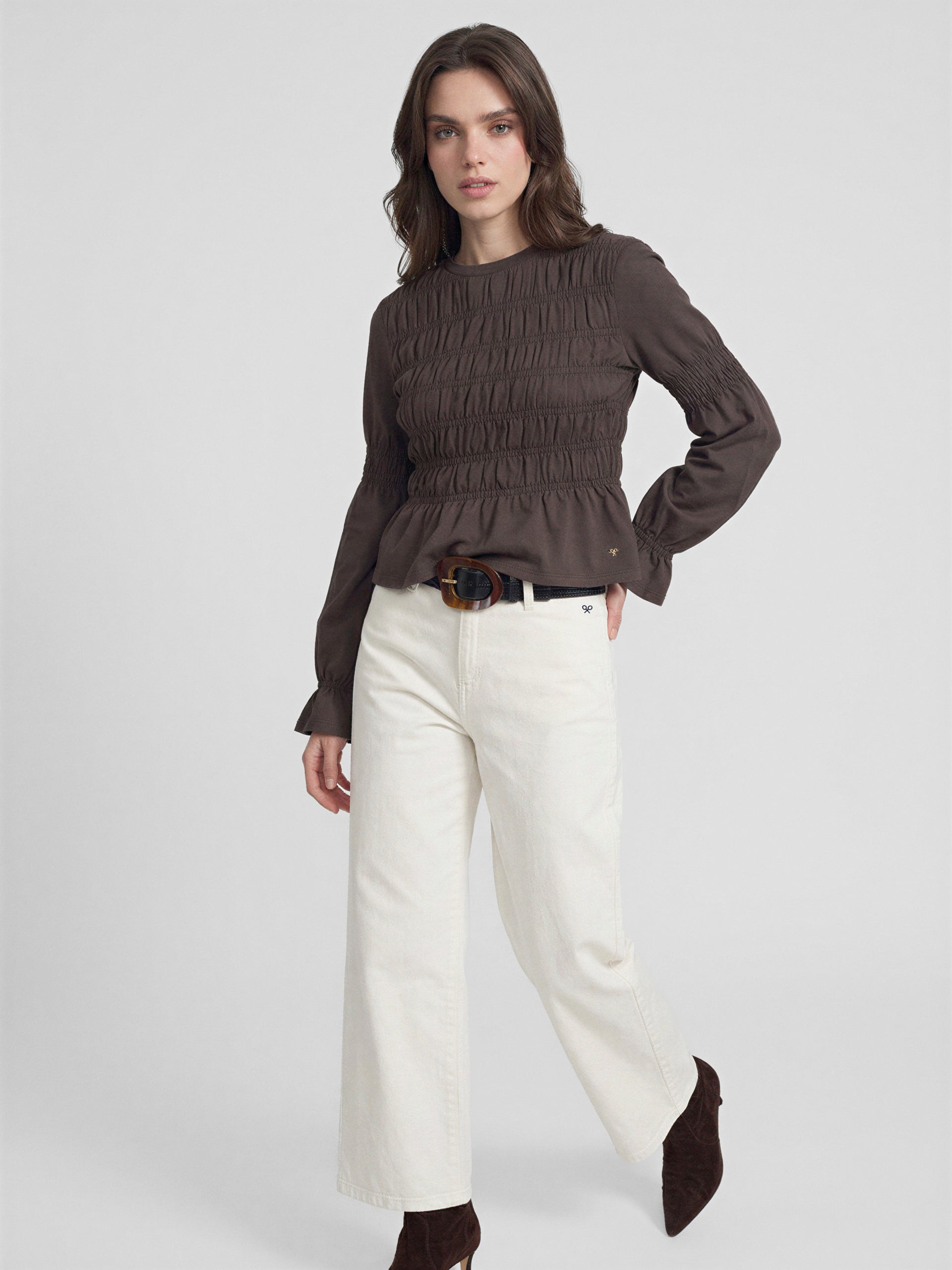 Camiseta woman manga larga punto smock marron