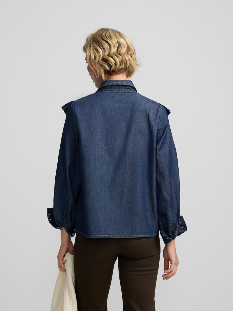 Chemise en denim bleu à volants