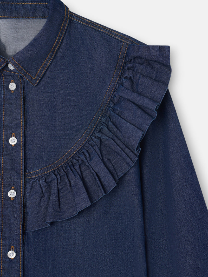 Chemise en denim bleu à volants