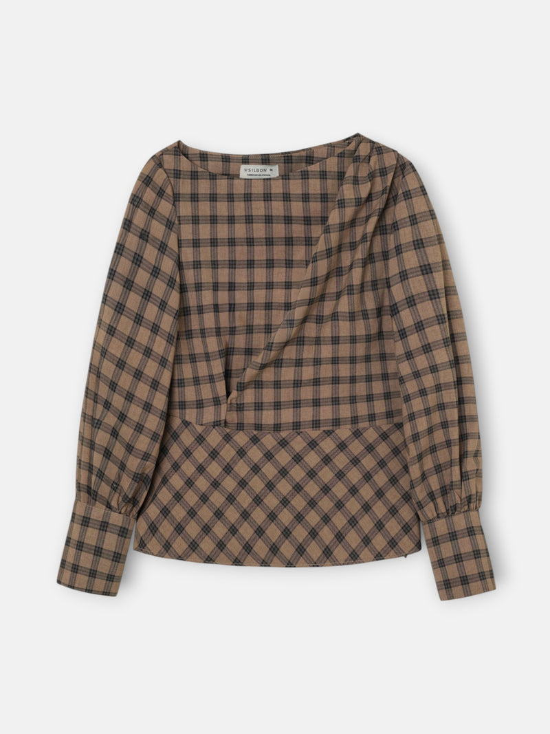 Blusa drapeada xadrez castanho