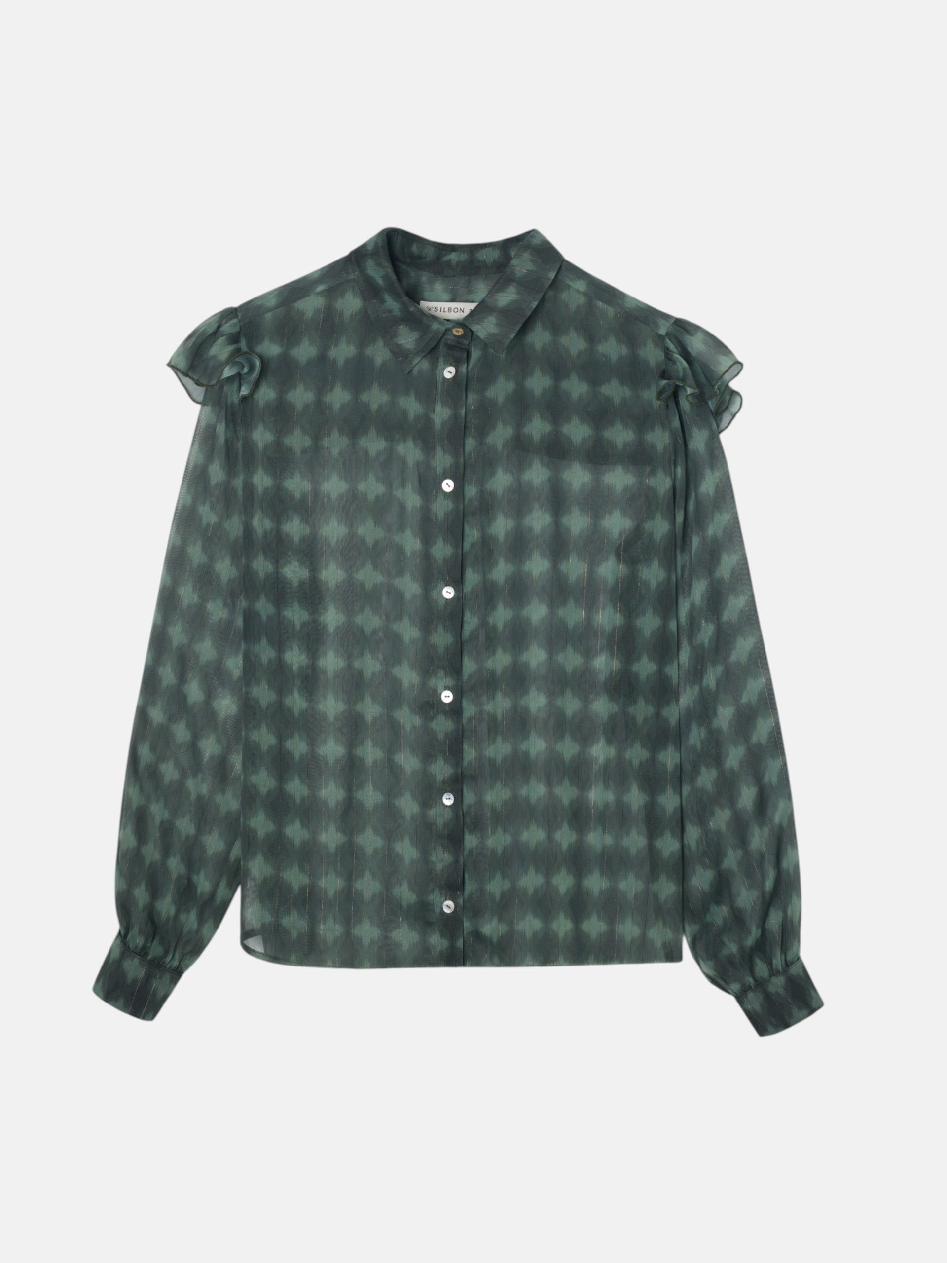 Green ethnic print ruffle blouse