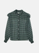Green ethnic print ruffle blouse