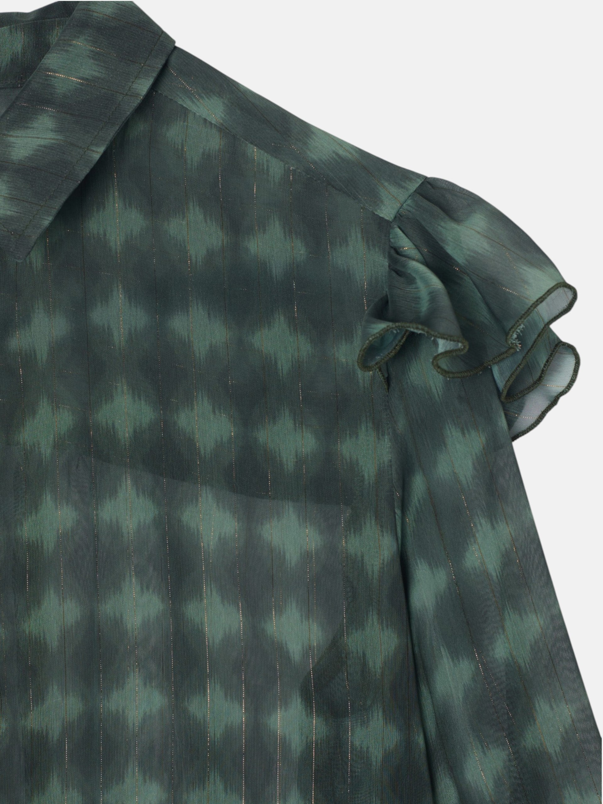 Green ethnic print ruffle blouse