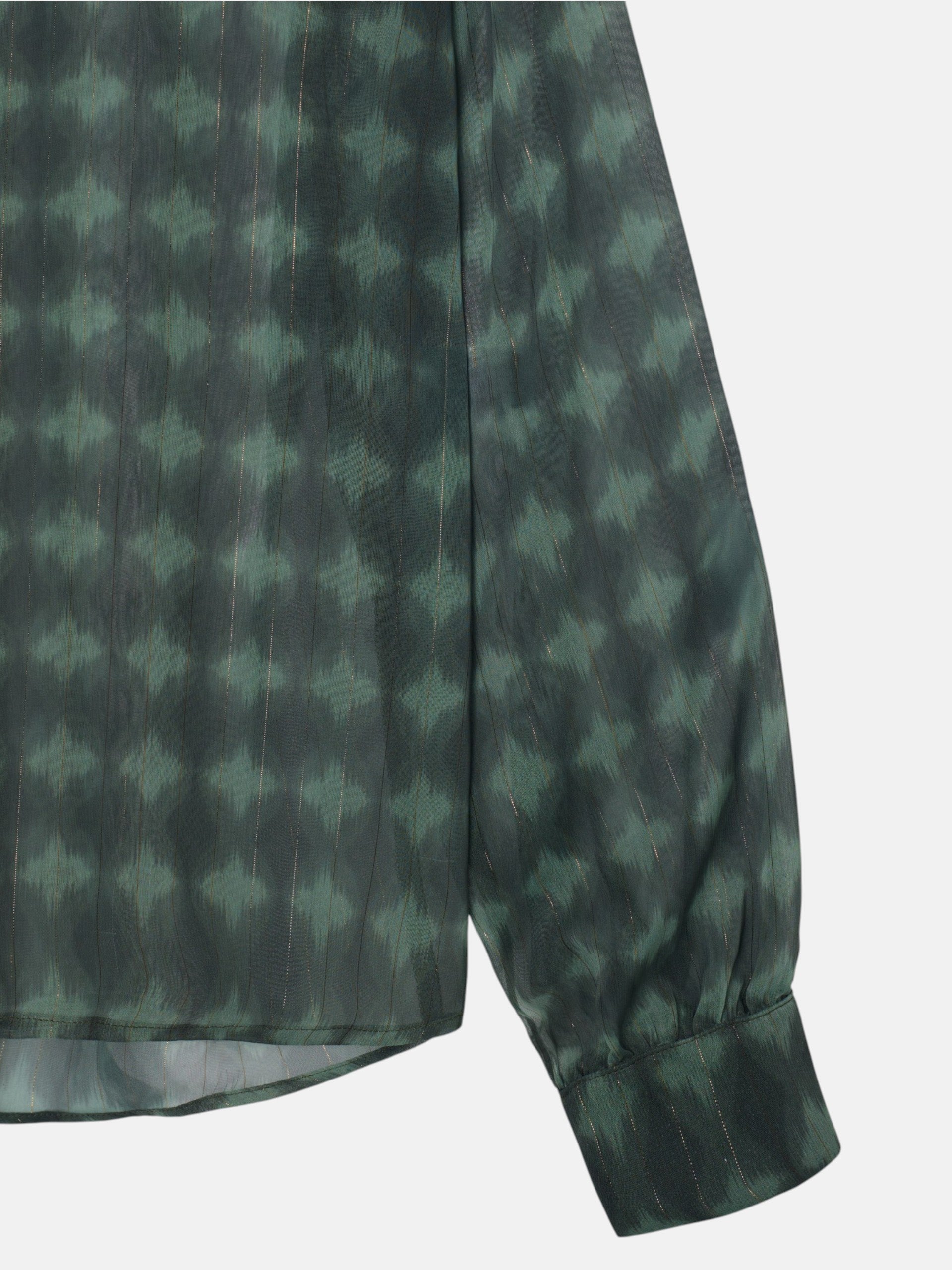 Green ethnic print ruffle blouse