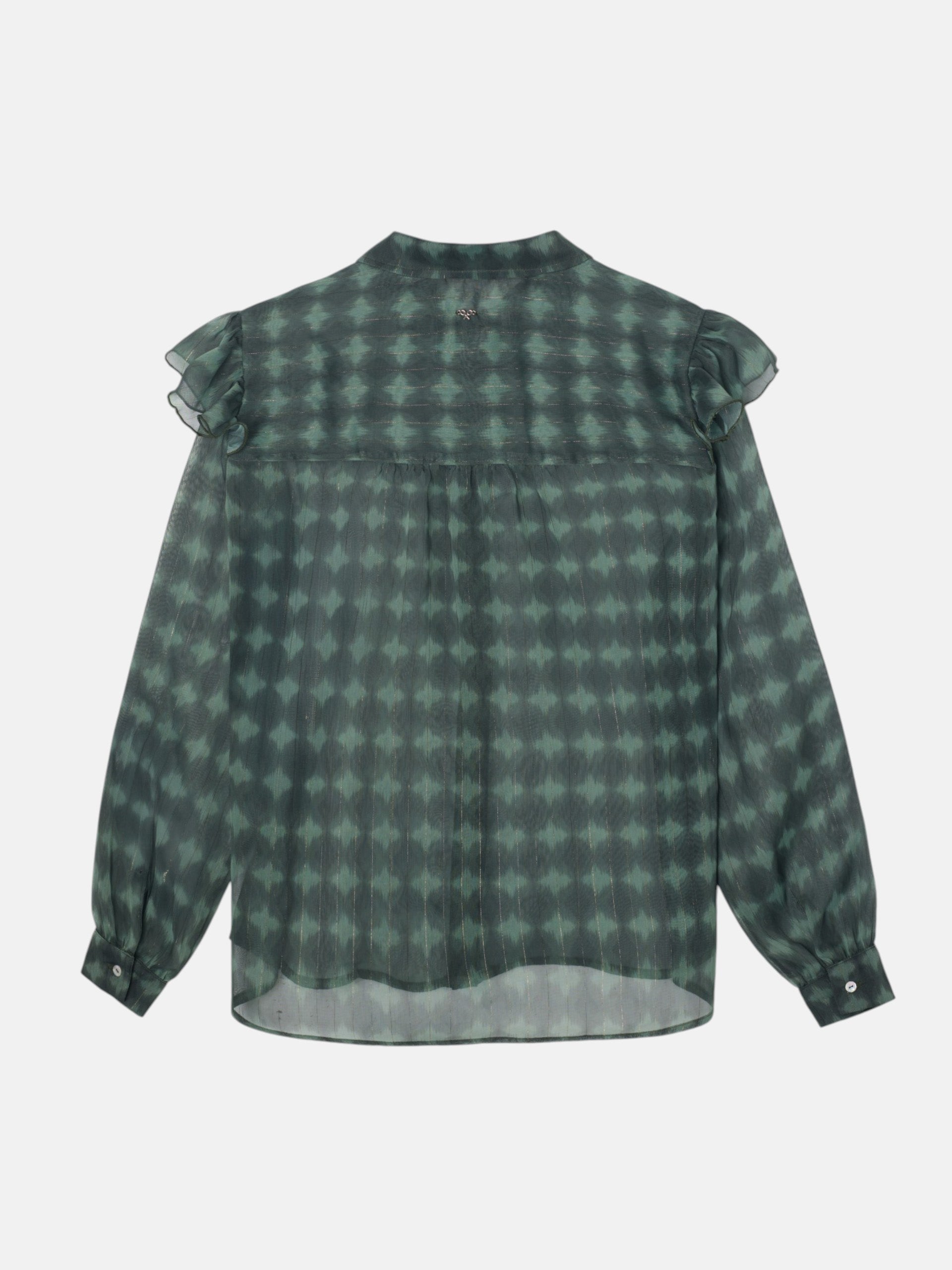 Green ethnic print ruffle blouse
