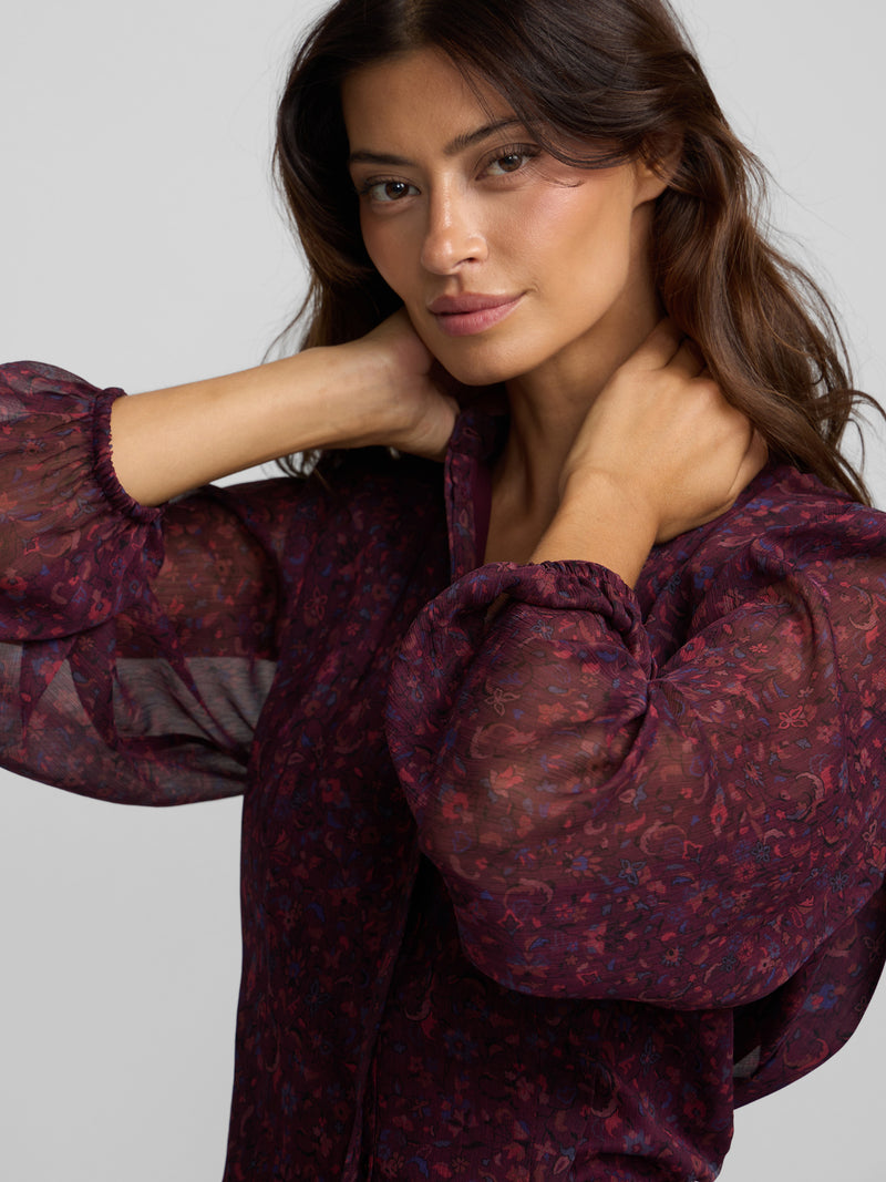 Blouse à imprimé fleuri bordeaux