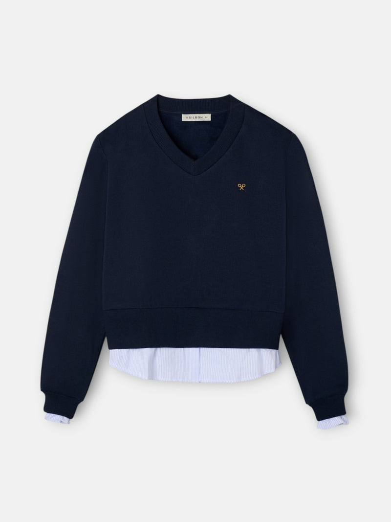 Sweatshirt mulher com barra de camisa azul-marinho