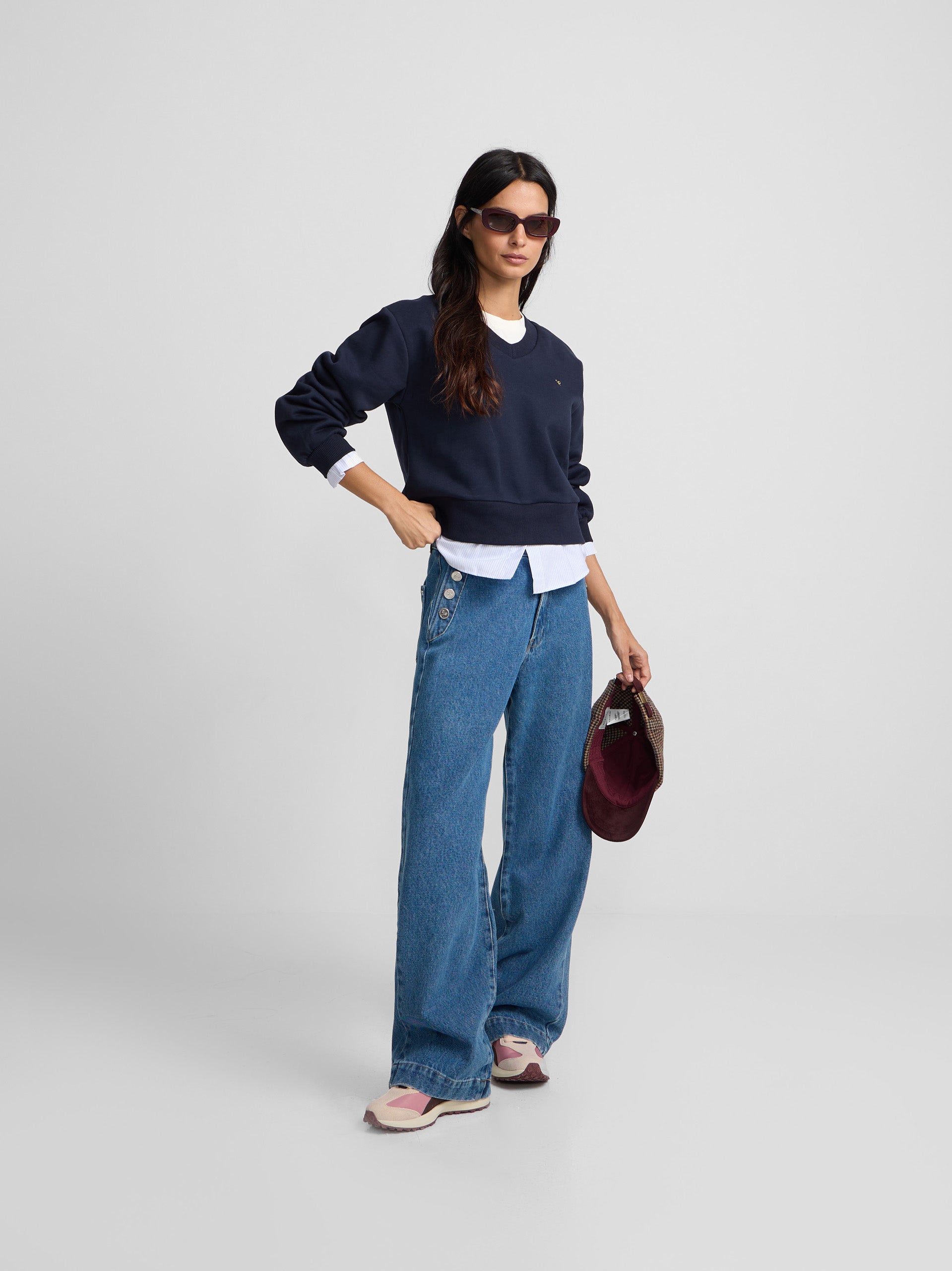 Sweat-shirt femme à ourlet chemise marine
