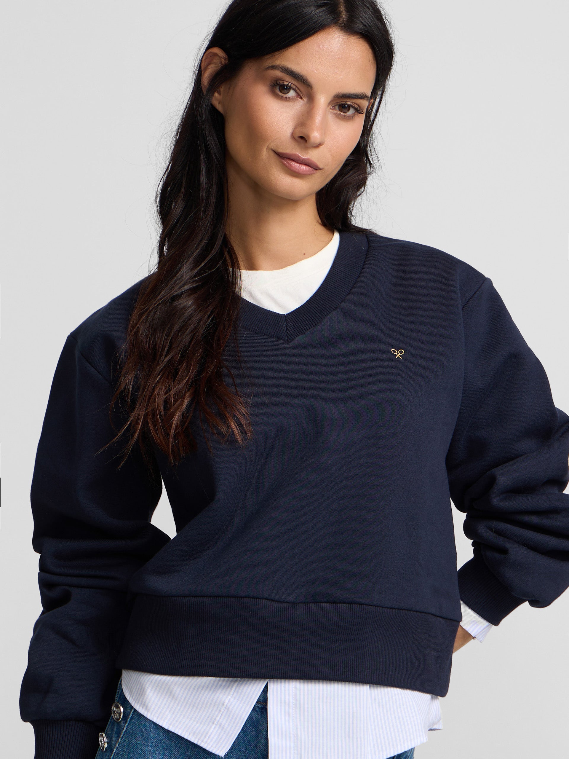 Sweat-shirt femme à ourlet chemise marine