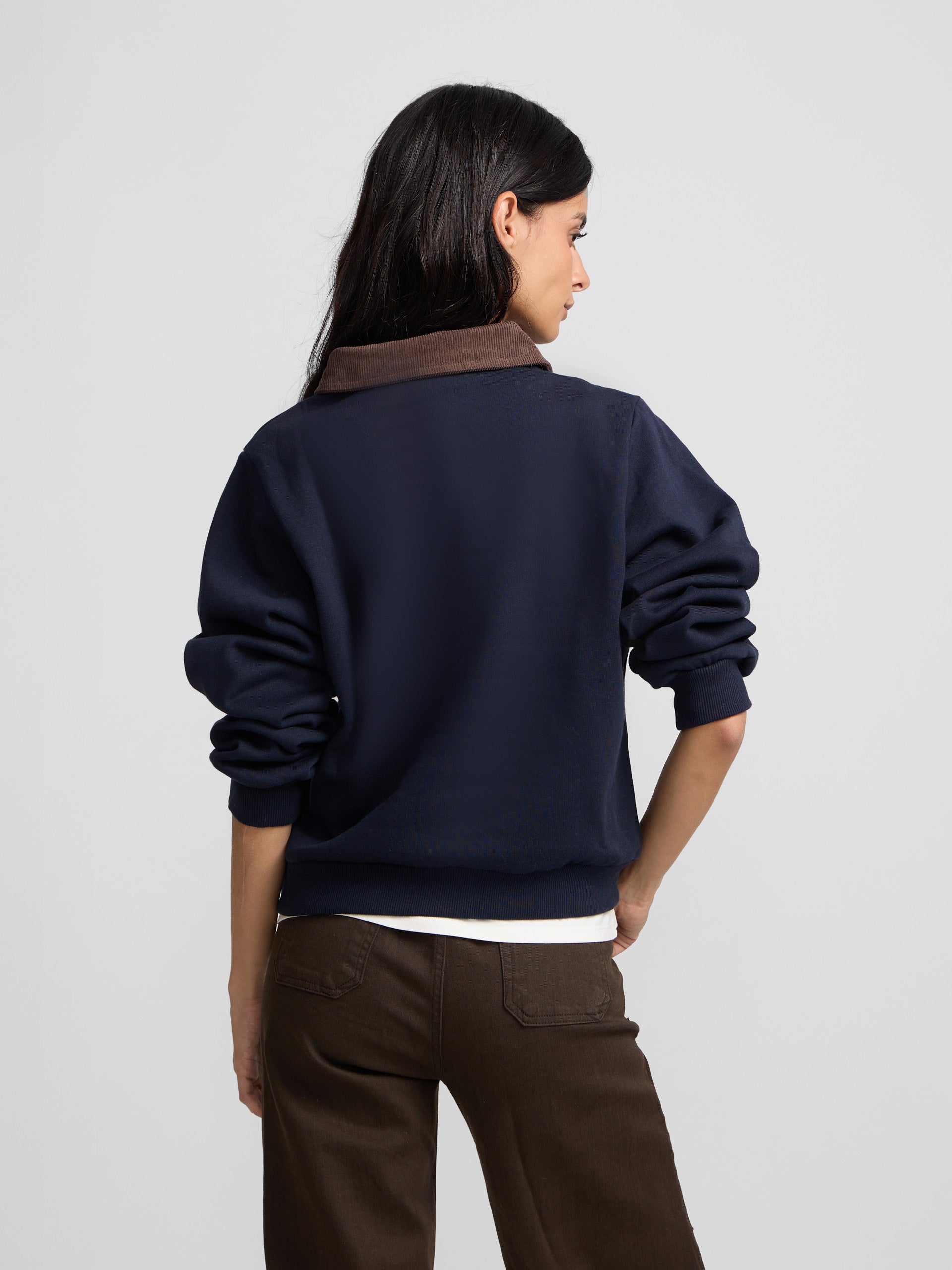 Sweat-shirt femme col polo velours bleu marine