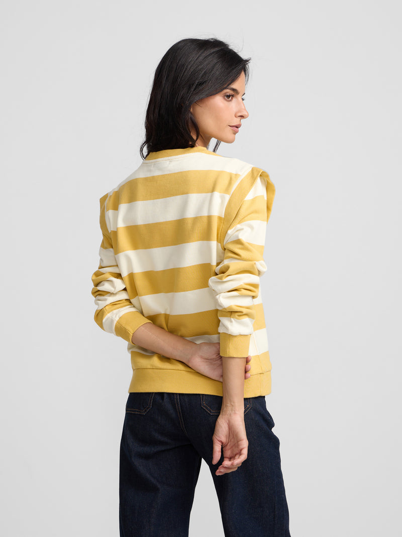 Mustard and ecru striped sweatshirt with shoulder pads