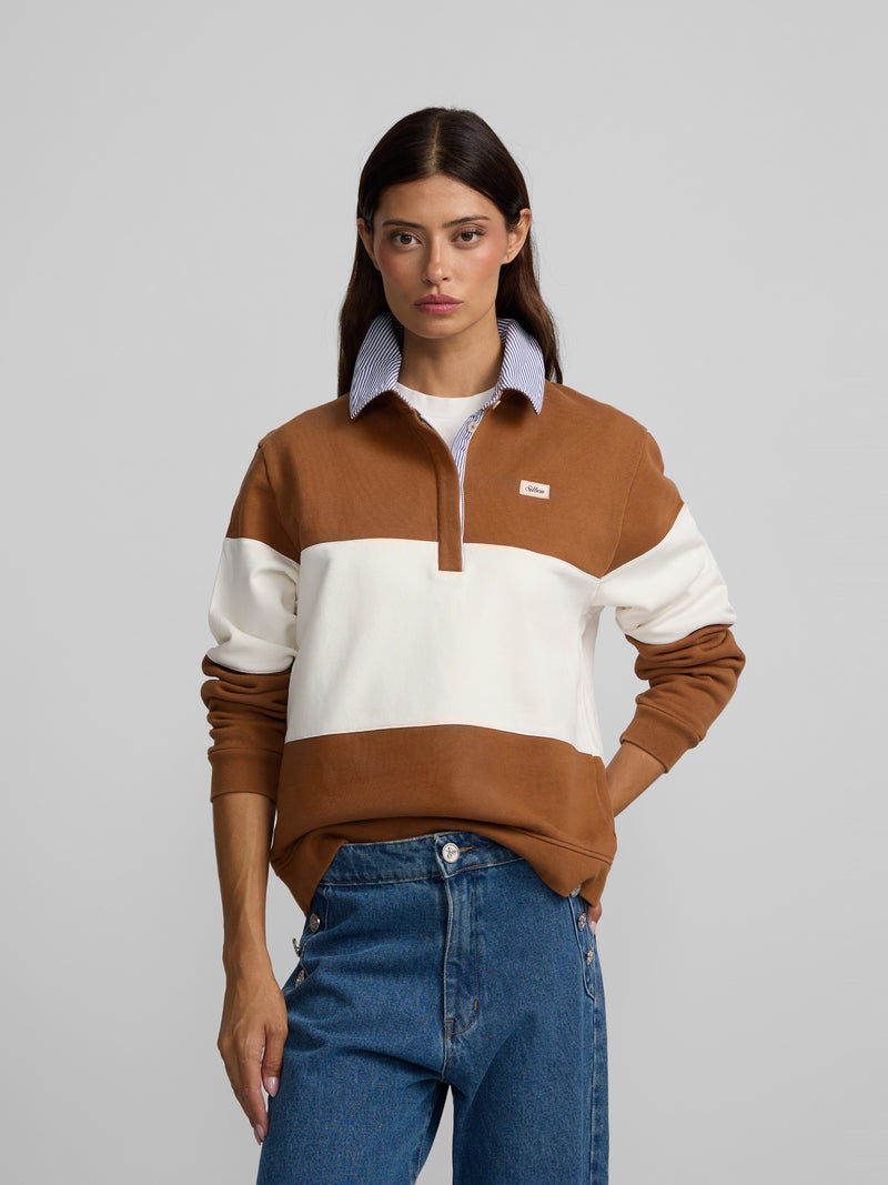 Sweat-shirt femme col polo rayé camel