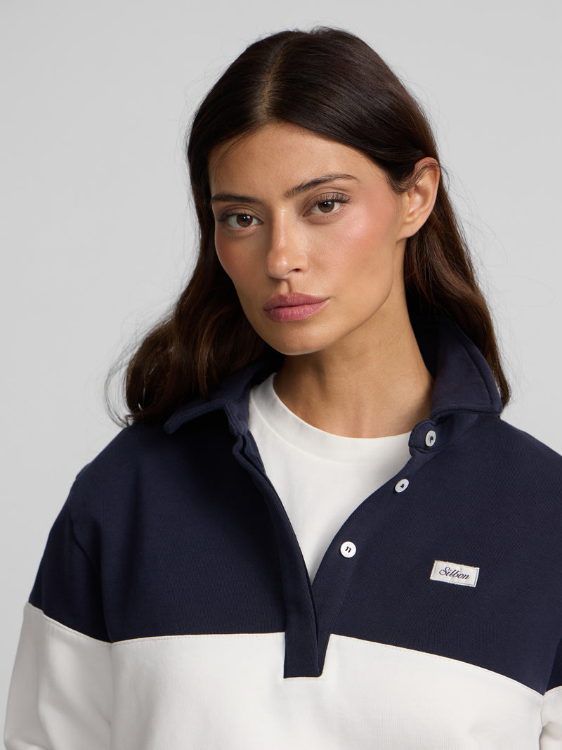 Women's sweatshirt with navy blue striped polo collar