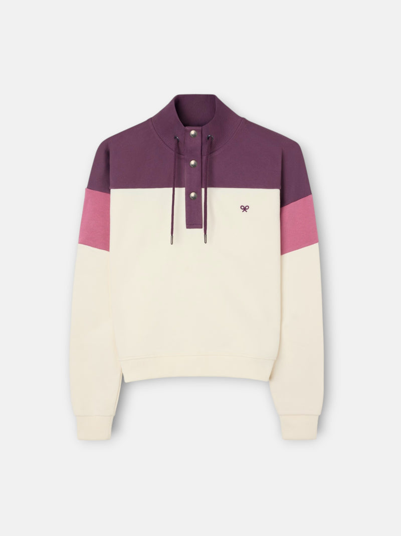 Sweatshirt mulher tricolor gola com botões rosa e cru
