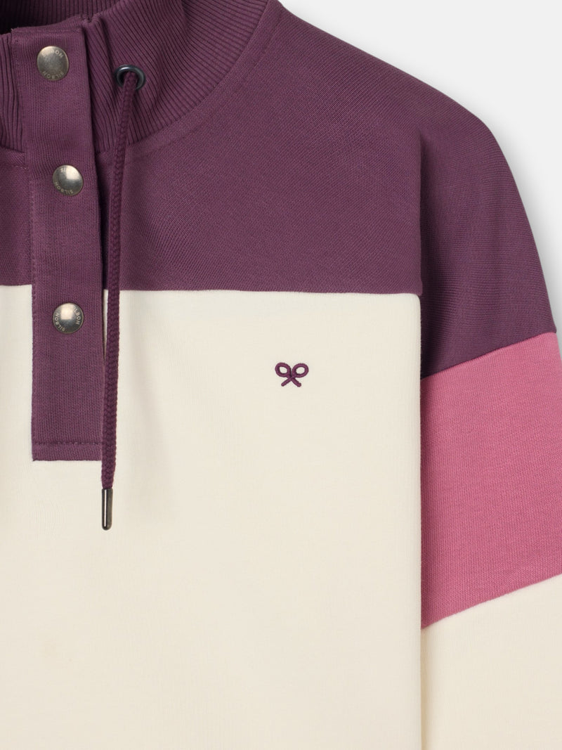 Sweatshirt mulher tricolor gola com botões rosa e cru