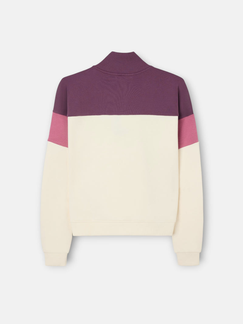 Sweatshirt mulher tricolor gola com botões rosa e cru