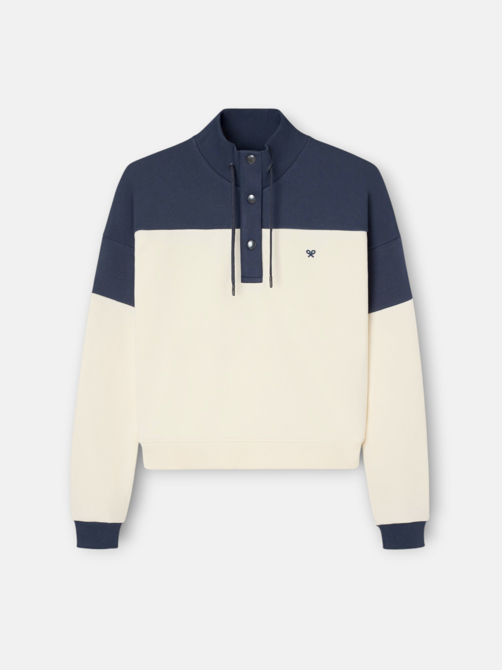 Women's tricolor sweatshirt with buttoned collar in navy blue and off-white