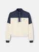 Women's tricolor sweatshirt with buttoned collar in navy blue and off-white
