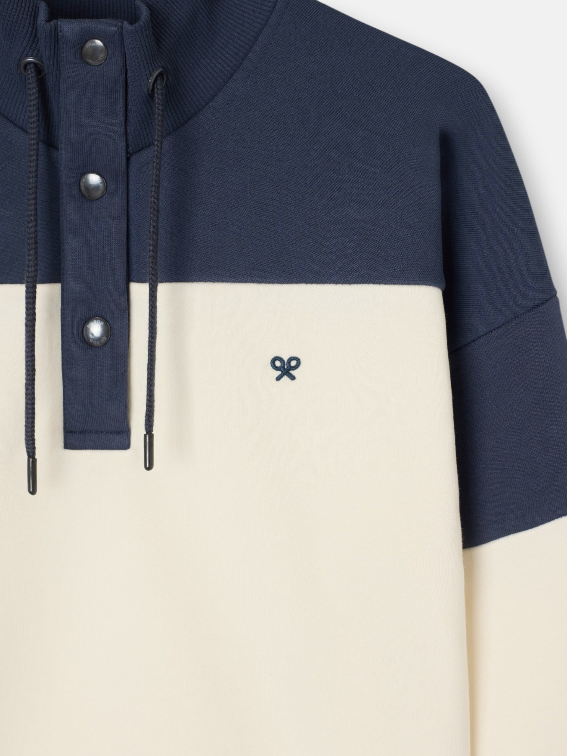 Women's tricolor sweatshirt with buttoned collar in navy blue and off-white