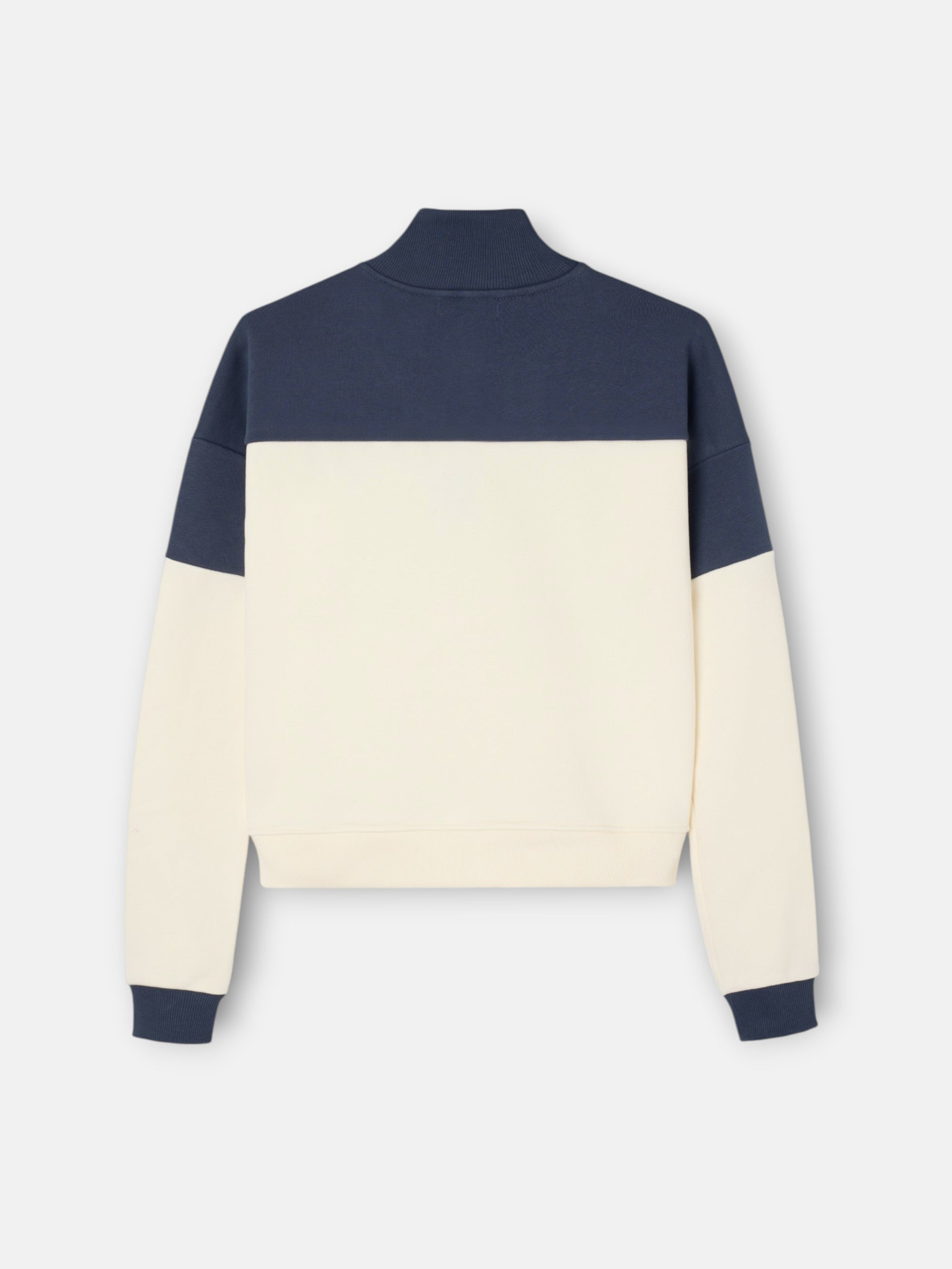 Women's tricolor sweatshirt with buttoned collar in navy blue and off-white