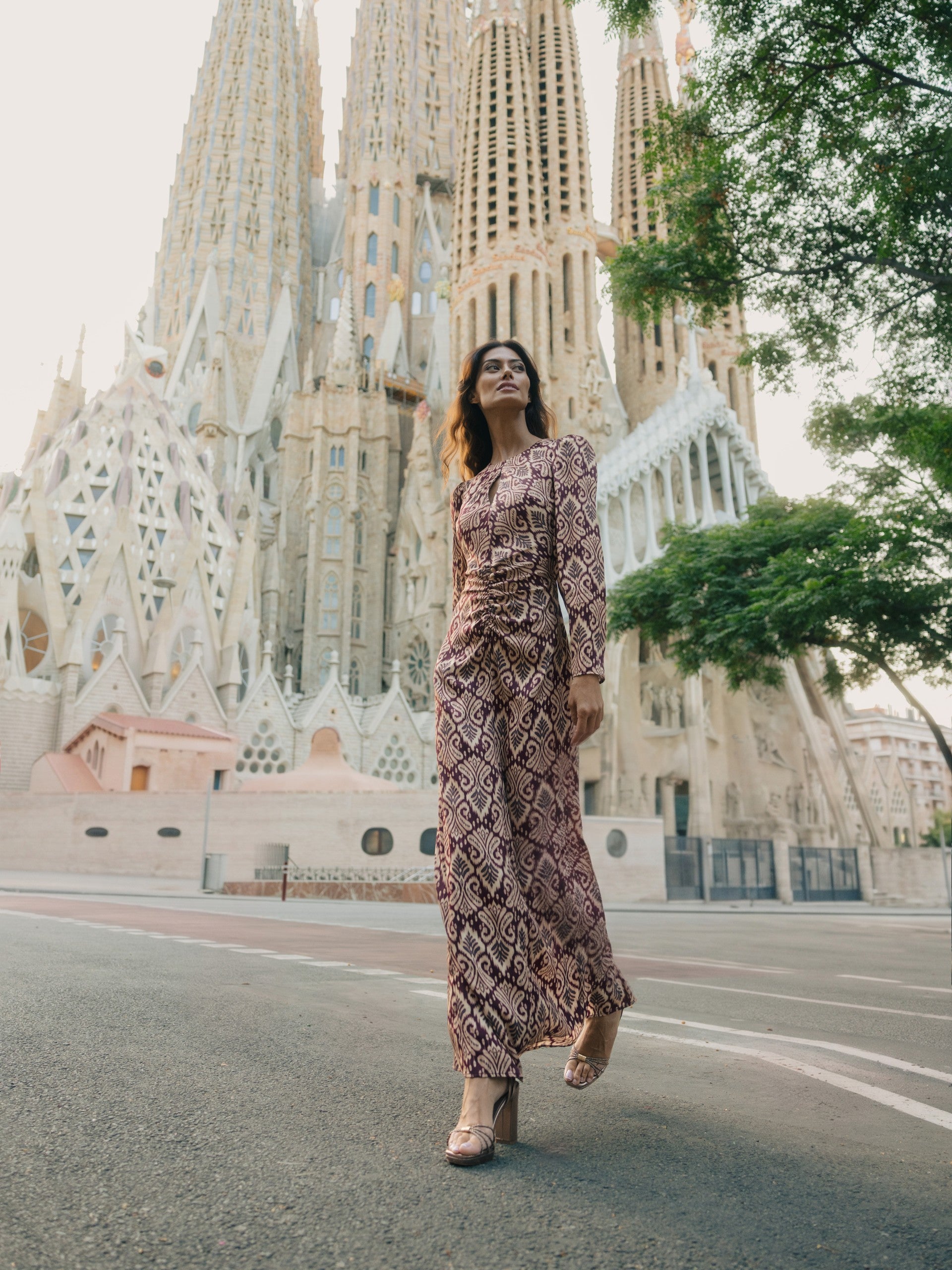 Long draped dress with garnet ikat print