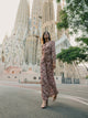 Long draped dress with garnet ikat print