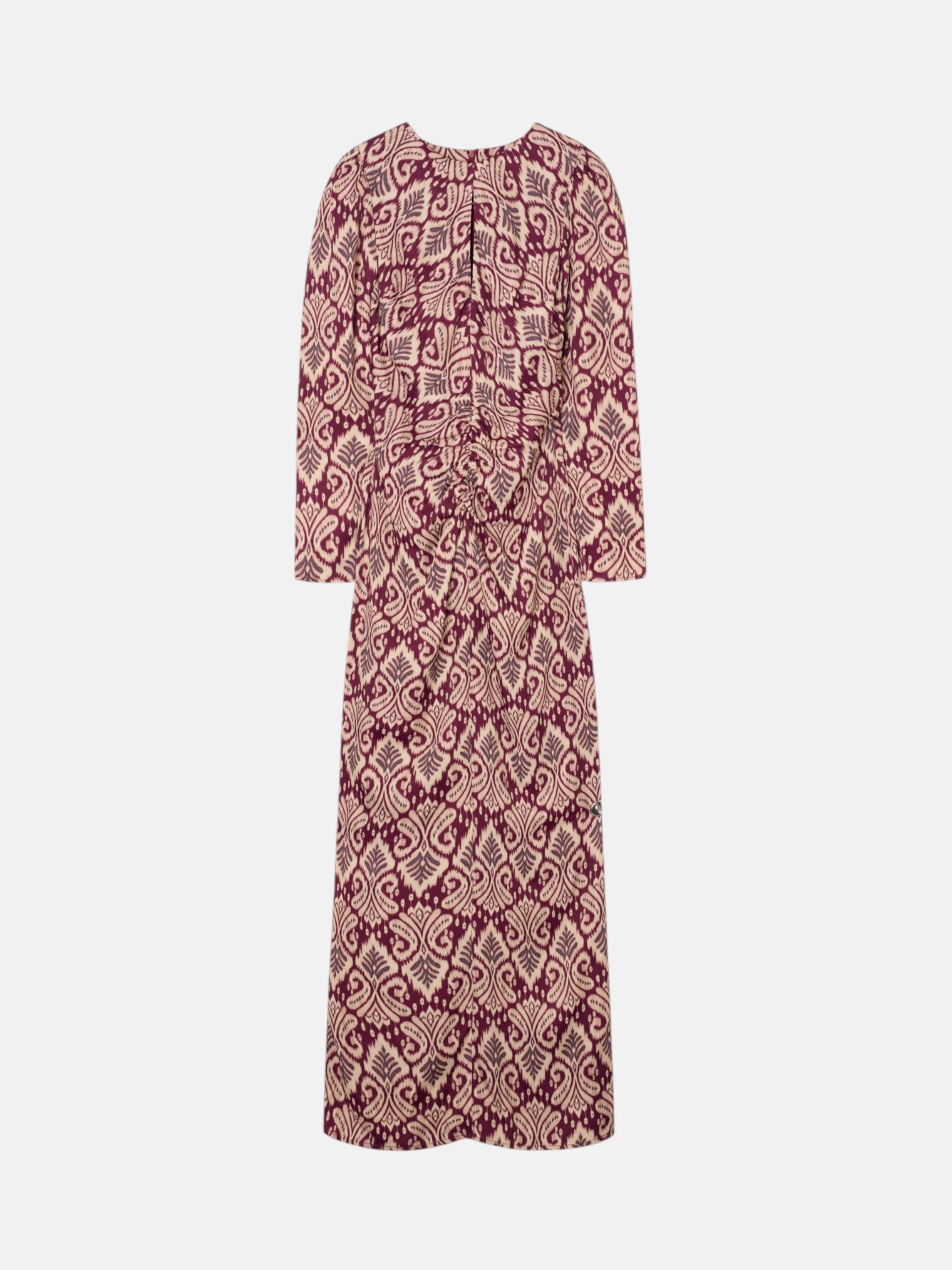 Long draped dress with garnet ikat print