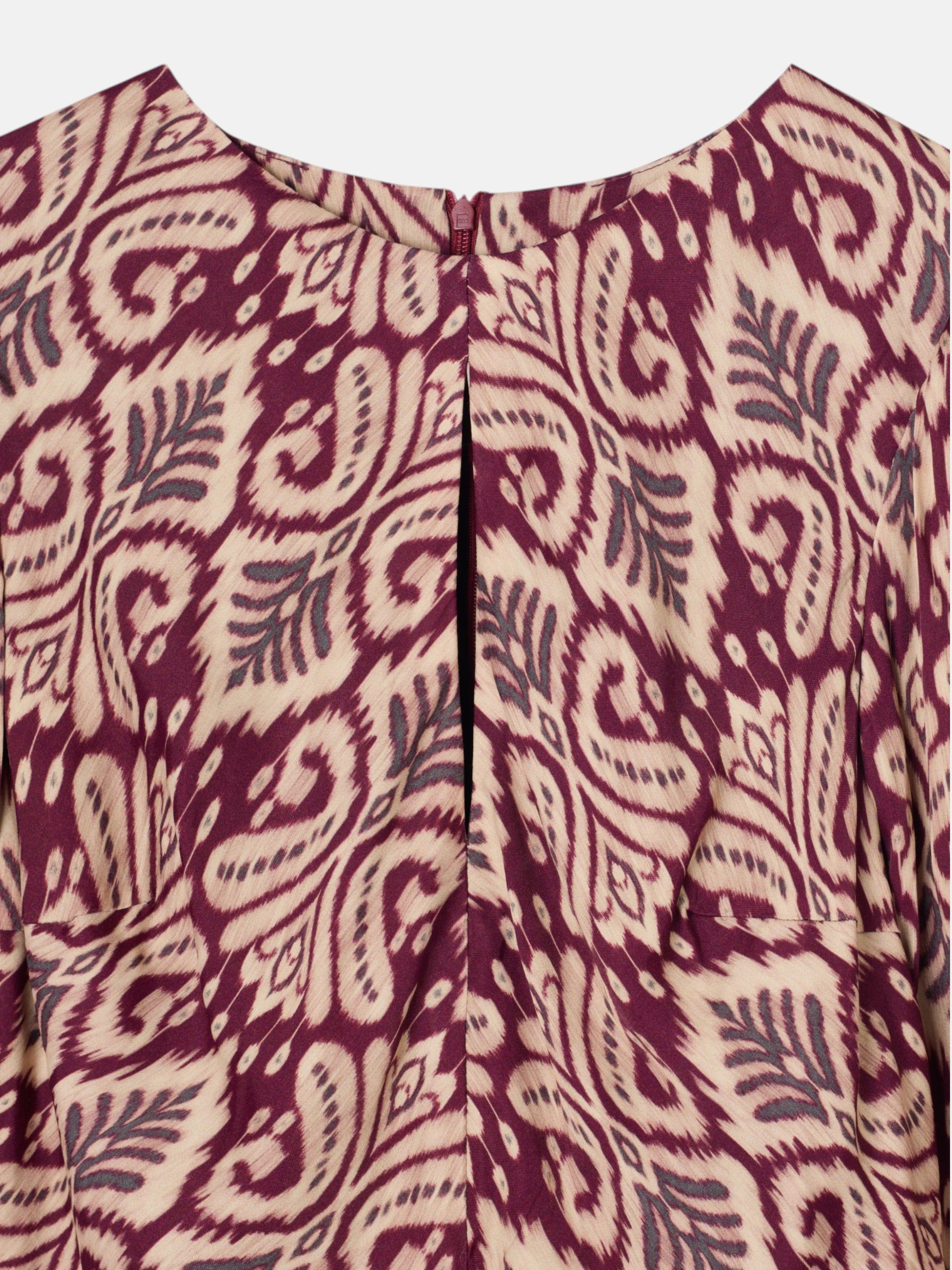 Long draped dress with garnet ikat print