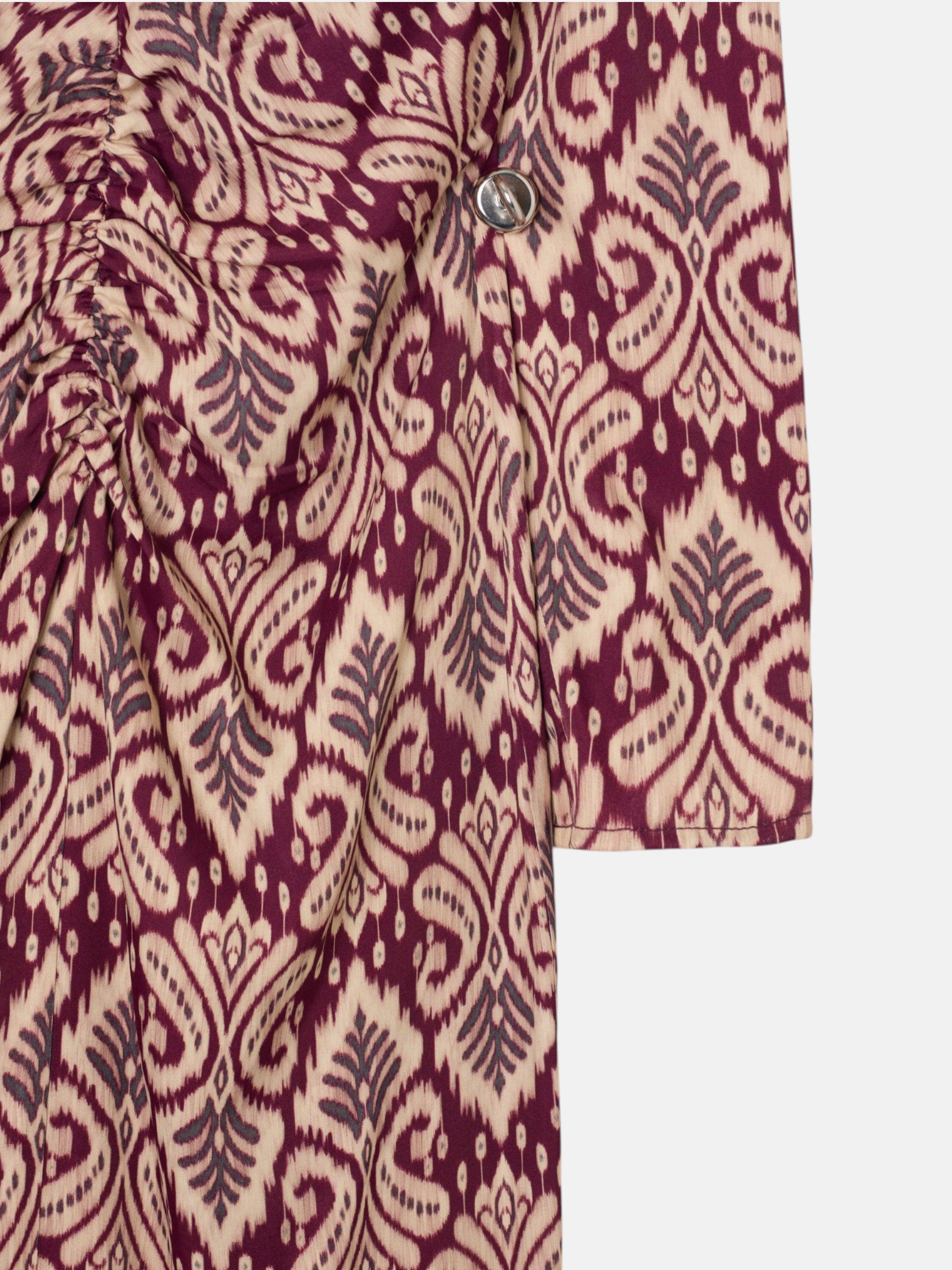 Long draped dress with garnet ikat print