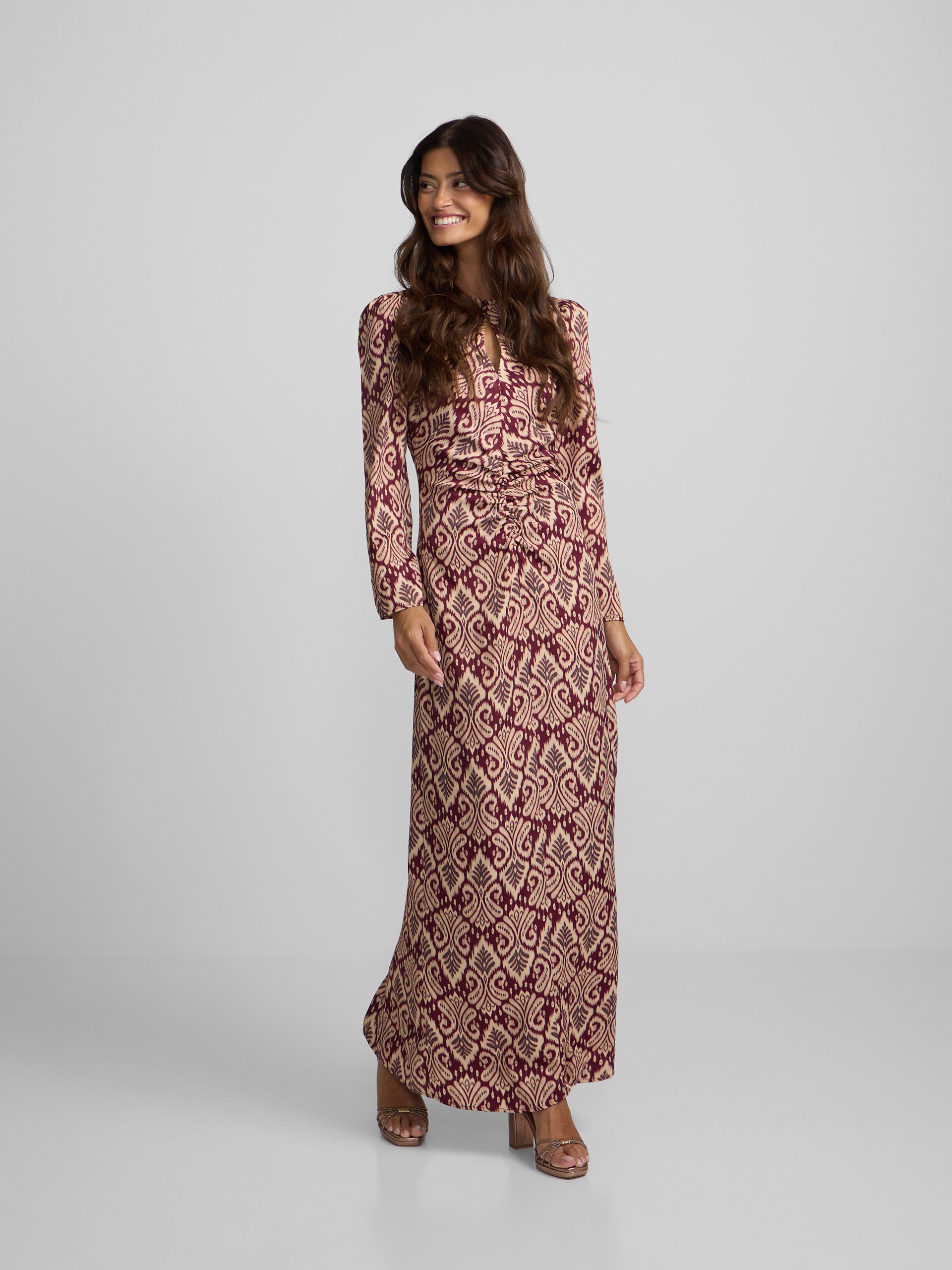 Long draped dress with garnet ikat print
