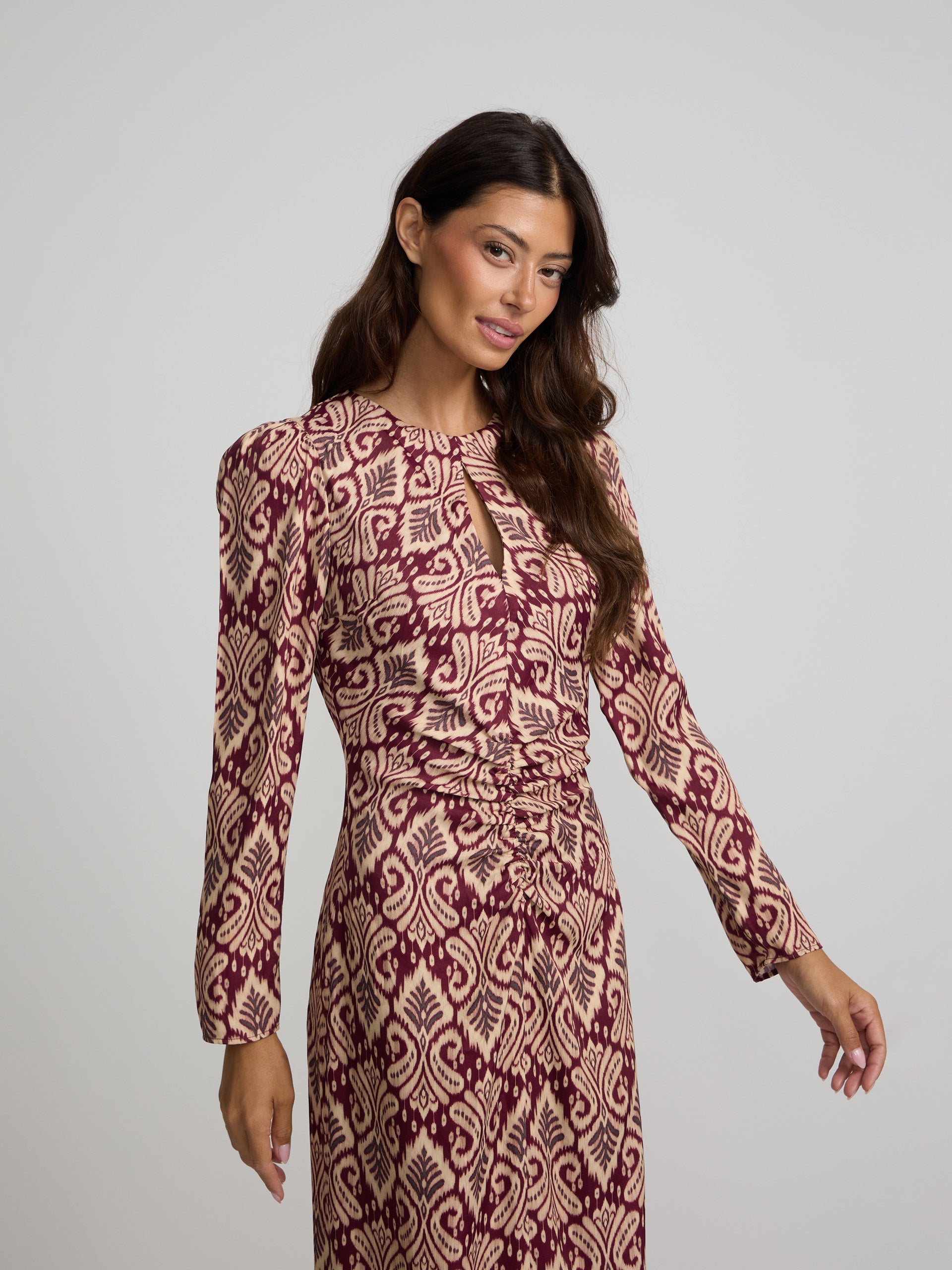Long draped dress with garnet ikat print