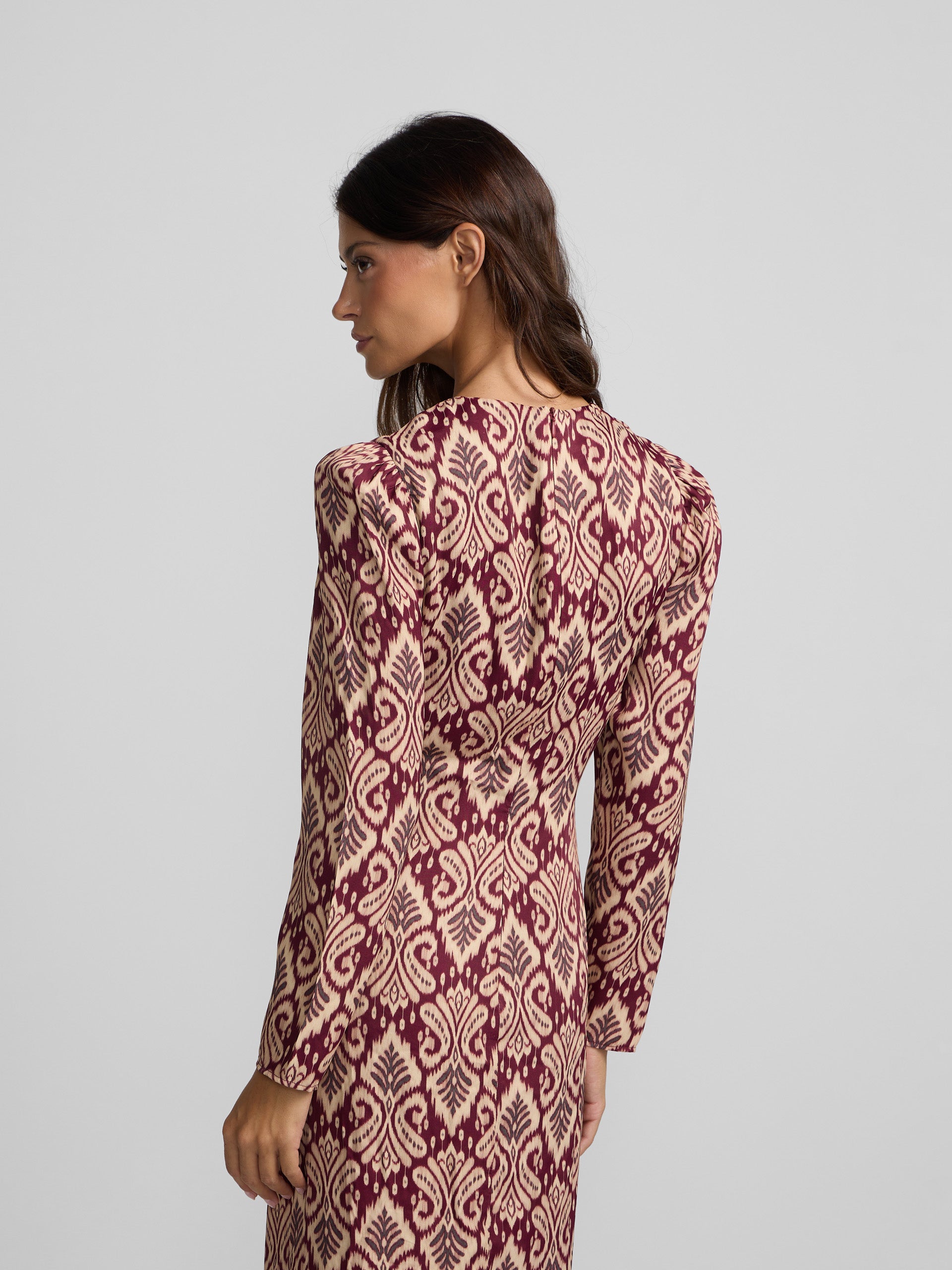 Long draped dress with garnet ikat print