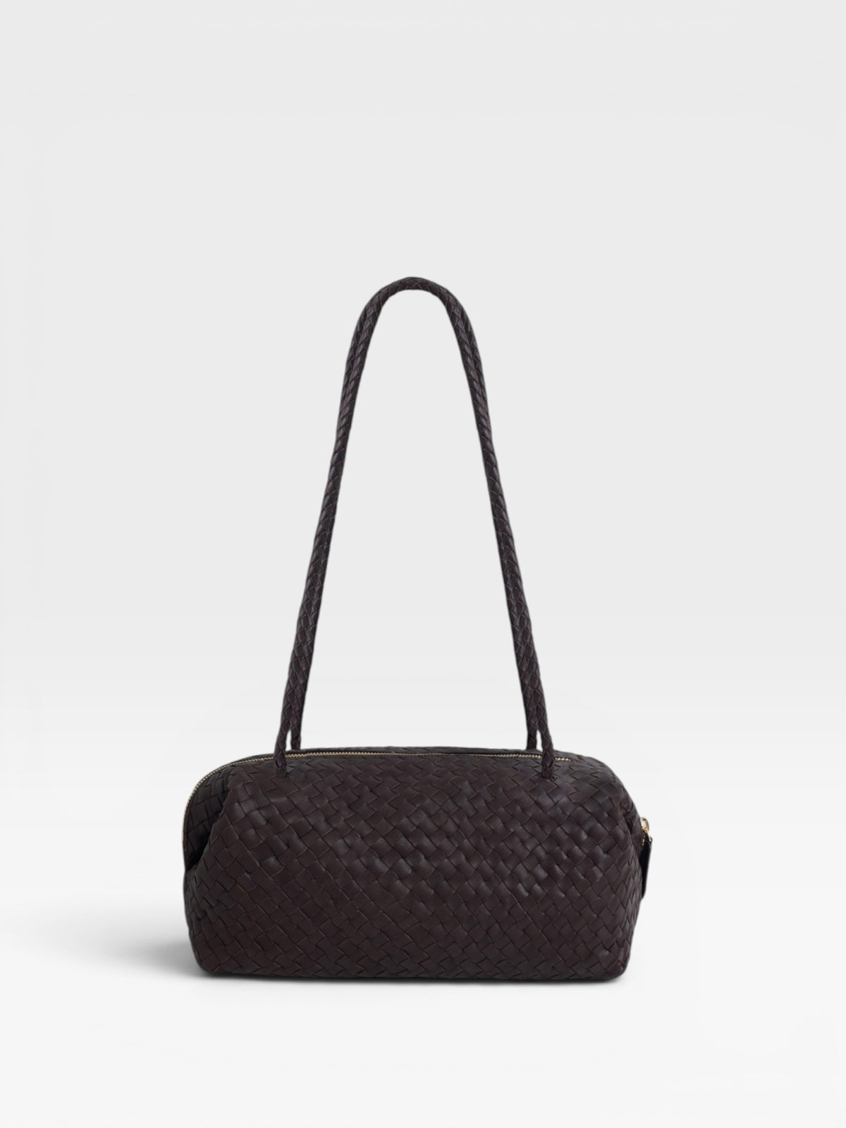 Elongated braided brown leather shoulder bag