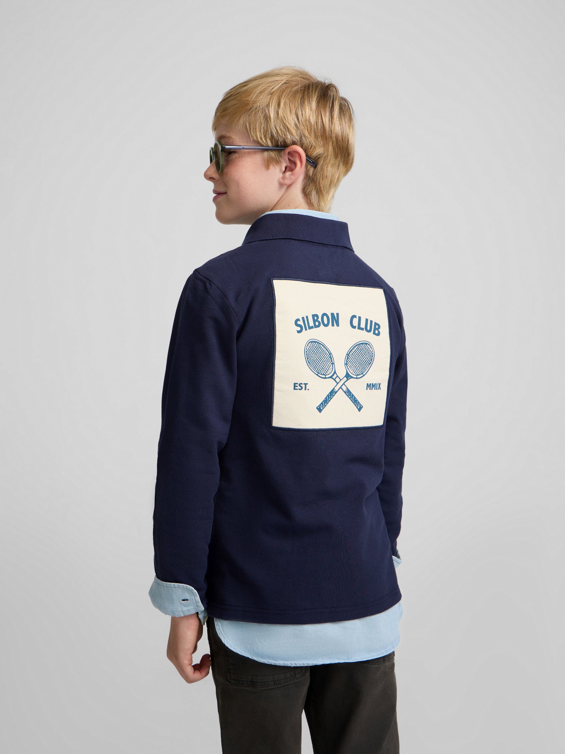 Navy blue patch kids polo