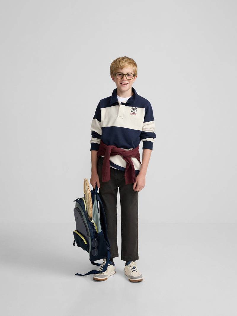 Kids' sweatshirt with striped polo collar and navy blue smile