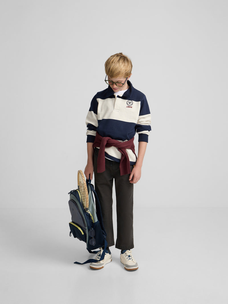 Kids' sweatshirt with striped polo collar and navy blue smile