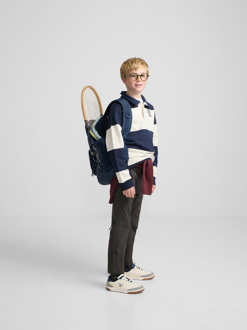 Kids' sweatshirt with striped polo collar and navy blue smile