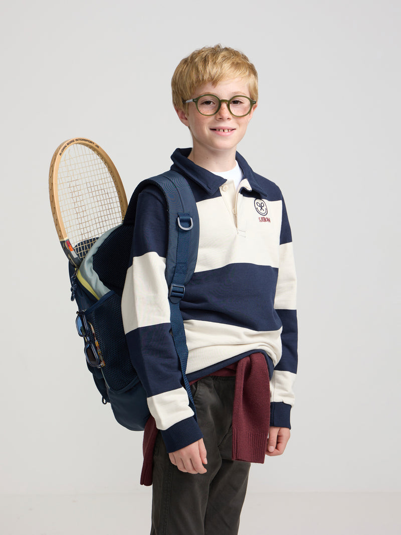 Kids' sweatshirt with striped polo collar and navy blue smile