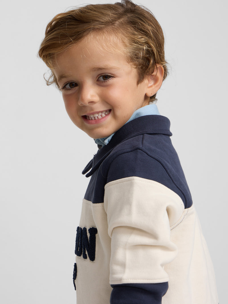 Kids sweatshirt with navy blue block polo collar