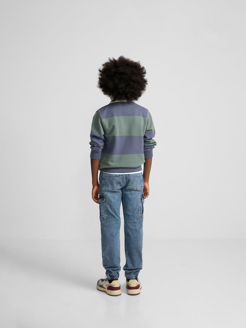 Sweat-shirt enfant col polo à larges rayures vert foncé