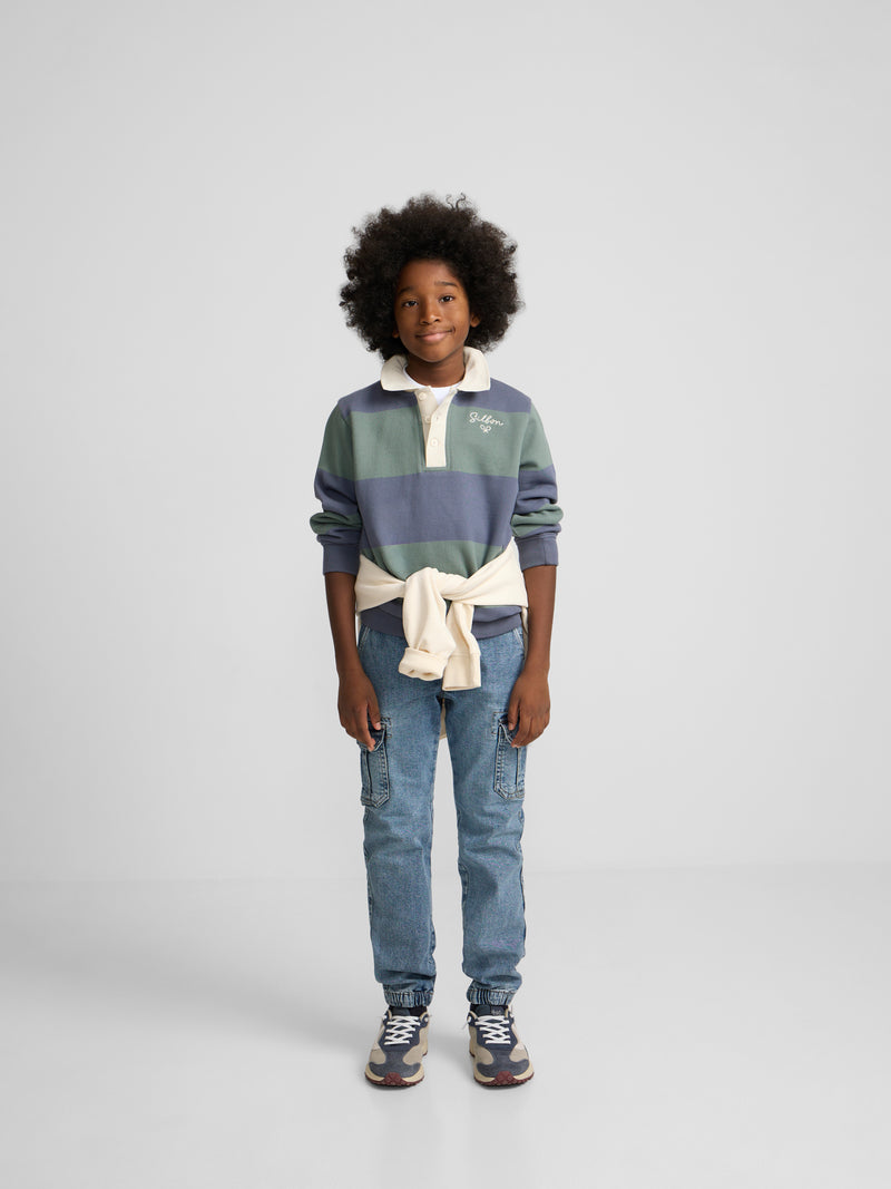 Sweat-shirt enfant col polo à larges rayures vert foncé