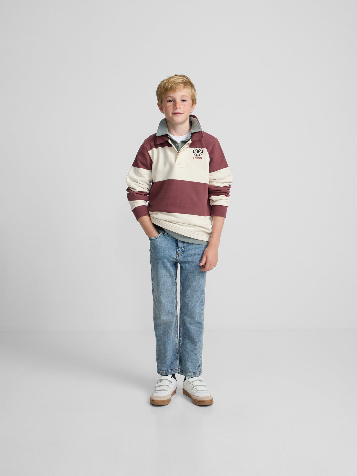 Kids sweatshirt with striped polo collar smile burgundy