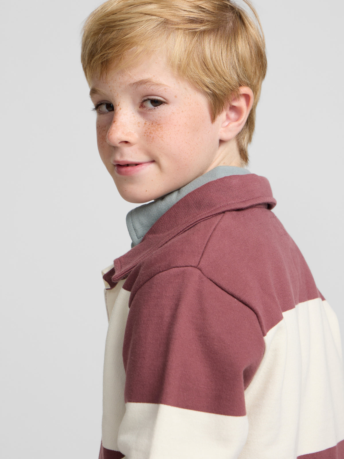 Kids sweatshirt with striped polo collar smile burgundy