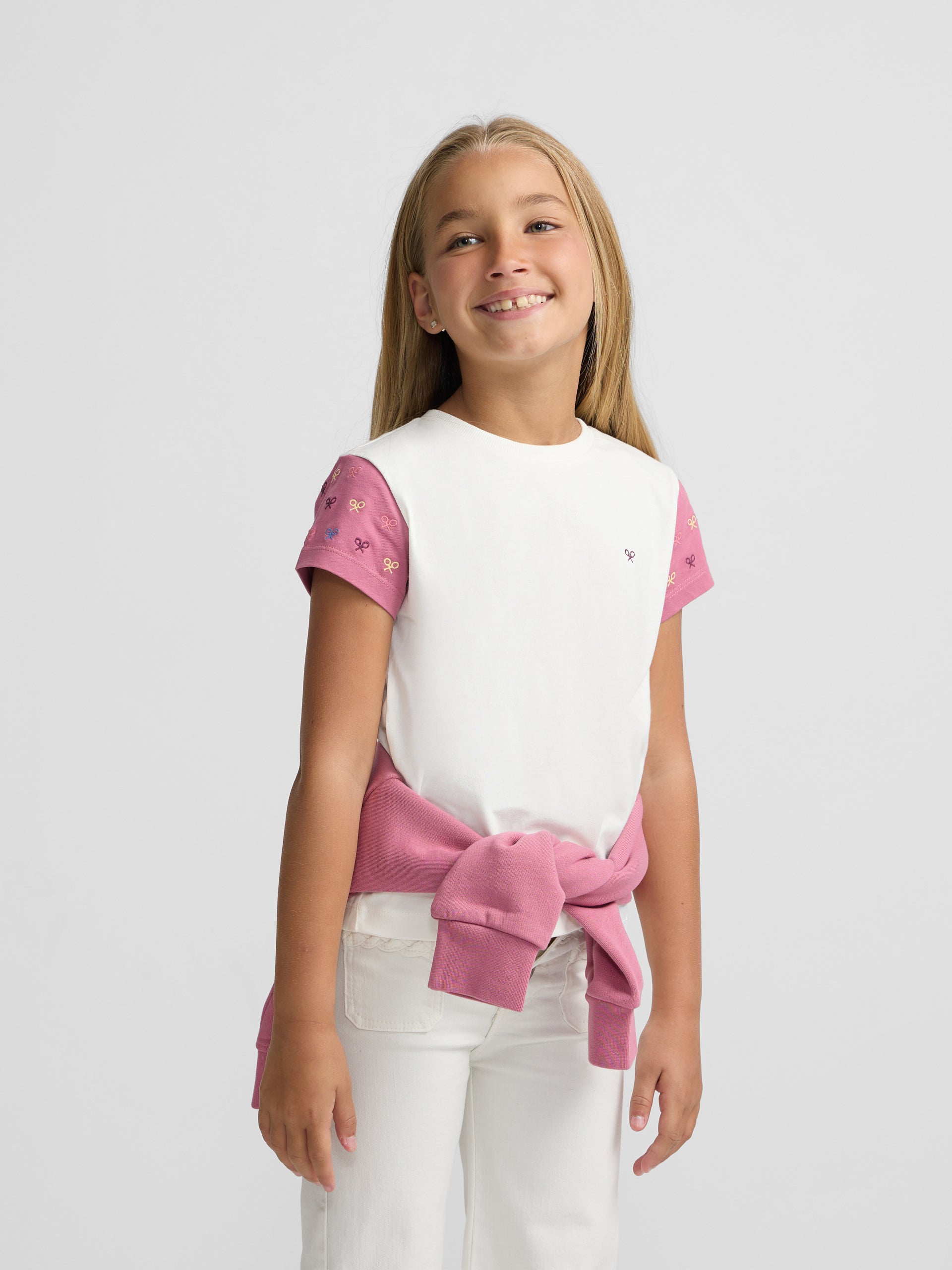 T-shirt fille raquettes manches roses blanc